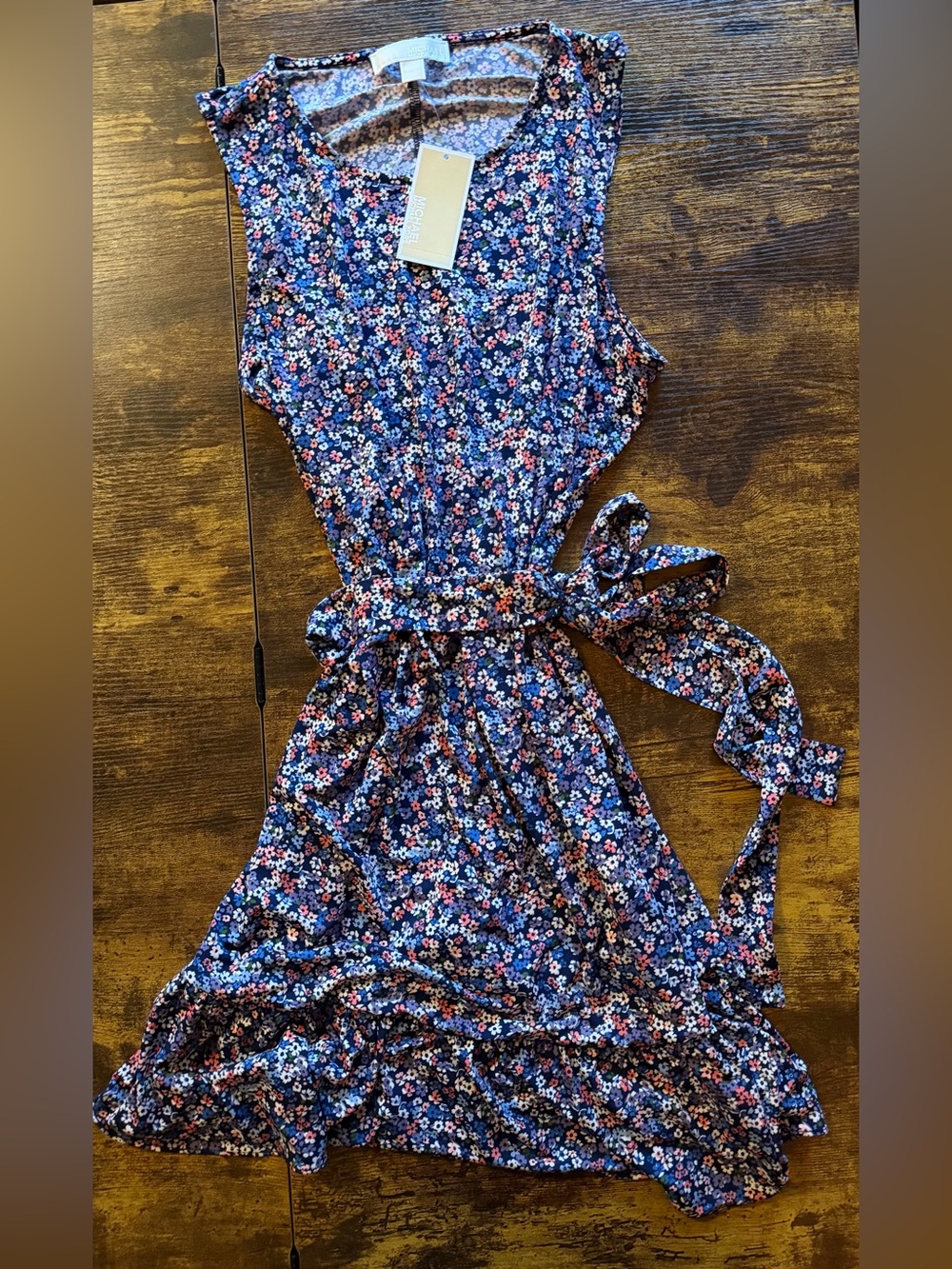 Michael Kors Navy Floral Midi Dress with Belt